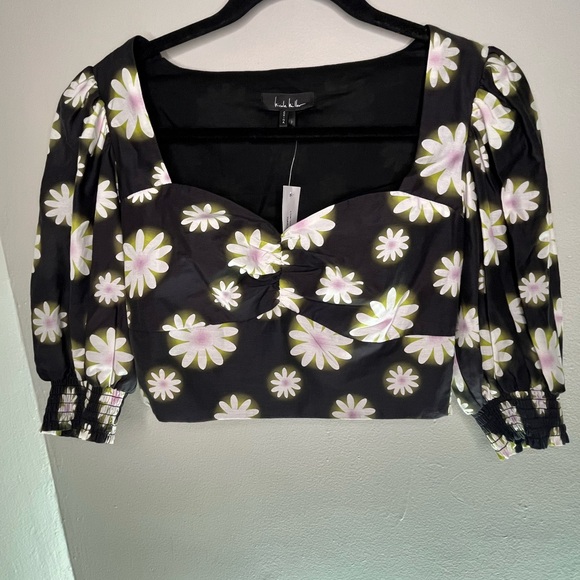 Nicole Miller NWT Hazy Daisy Cotton Sweetheart Crop Top Puff Sleeve Women’s Sz P - Picture 3 of 12
